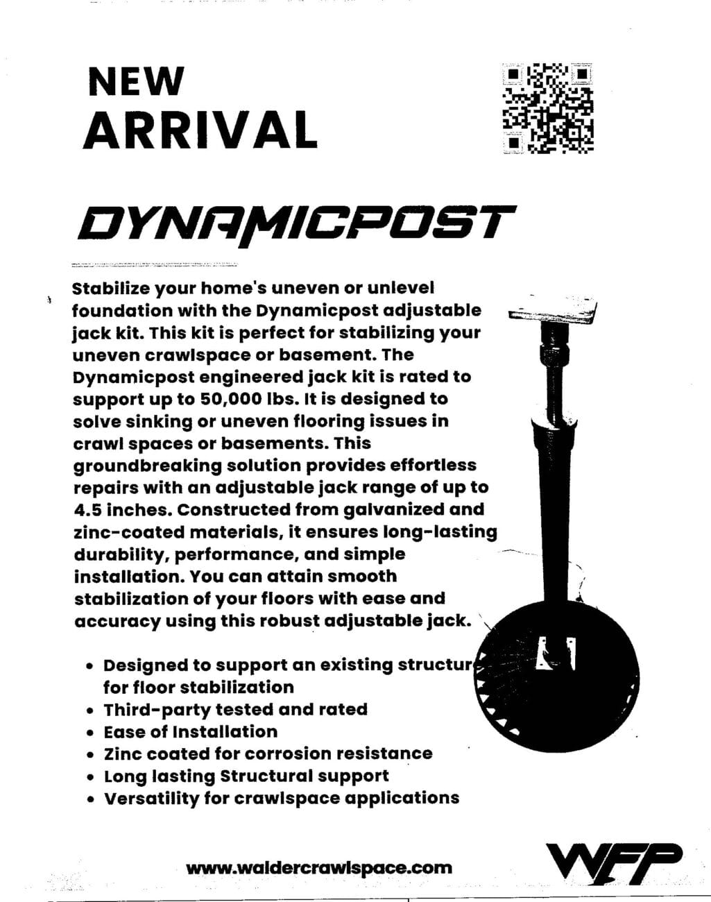 Promotional flyer for the Dynamicpost adjustable jack kit, highlighting its advanced features for stabilizing uneven floors and crawlspaces—ideal for joist repair and sagging floor repair. Includes a detailed product image and website link.